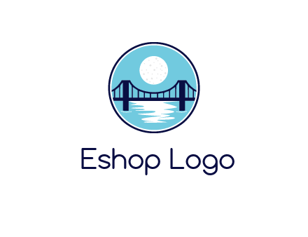 circular logo with a suspension bridge and the moon shining over water