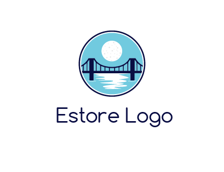 circular logo with a suspension bridge and the moon shining over water