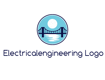 circular logo with a suspension bridge and the moon shining over water