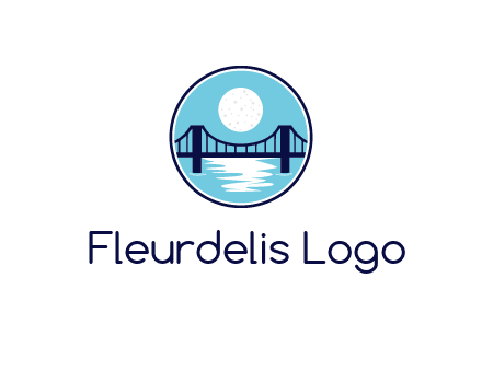 circular logo with a suspension bridge and the moon shining over water