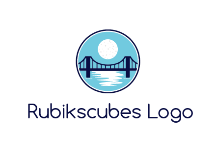 circular logo with a suspension bridge and the moon shining over water