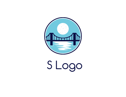 circular logo with a suspension bridge and the moon shining over water