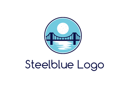 circular logo with a suspension bridge and the moon shining over water