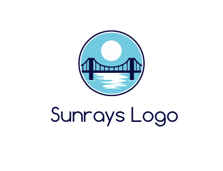 circular logo with a suspension bridge and the moon shining over water