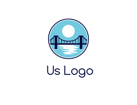 circular logo with a suspension bridge and the moon shining over water