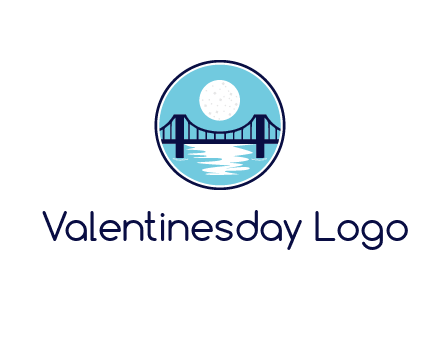 circular logo with a suspension bridge and the moon shining over water