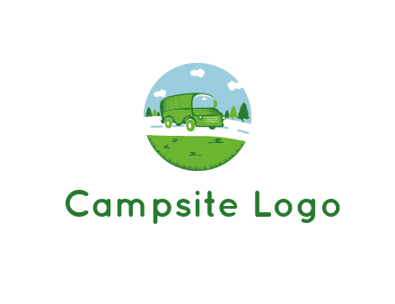 Camper van or bus on a road surrounded by grass, trees and the blue sky