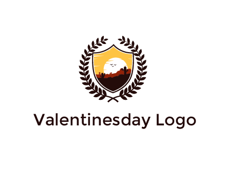 desert and setting sun inside a badge shaped vector surrounded by a wreath