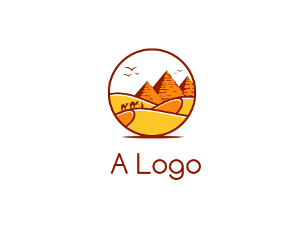 round logo showing a view of the desert and the pyramids