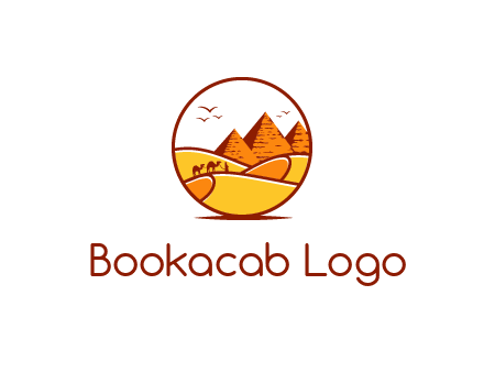 round logo showing a view of the desert and the pyramids