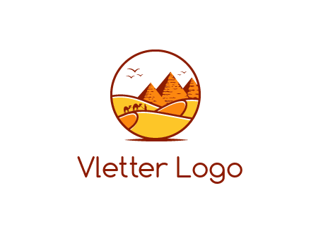 round logo showing a view of the desert and the pyramids