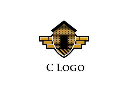 badge shape logo with a brick house