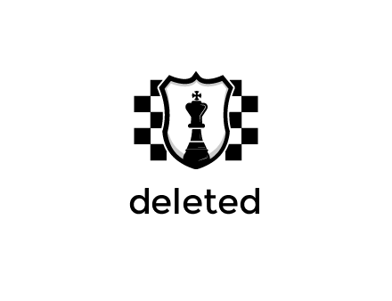 Chess king inside a badge shaped vector over a chessboard background logo