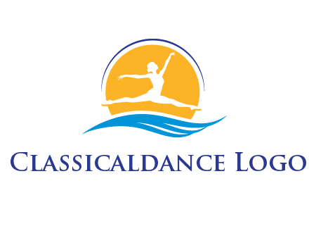 ballerina jumping over waves in front of the sun logo