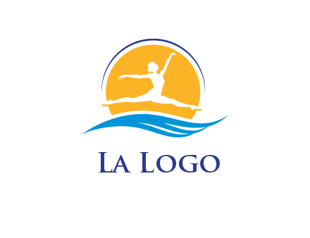 ballerina jumping over waves in front of the sun logo