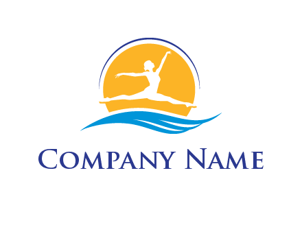 ballerina jumping over waves in front of the sun logo