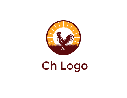 rooster standing in front of the sun logo