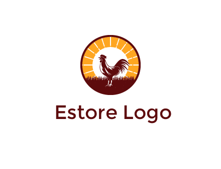 rooster standing in front of the sun logo