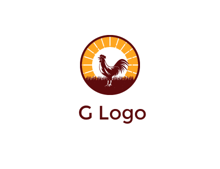 rooster standing in front of the sun logo