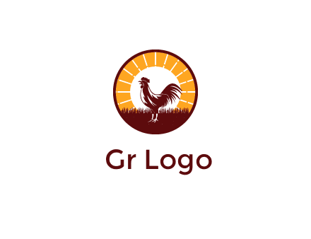 rooster standing in front of the sun logo