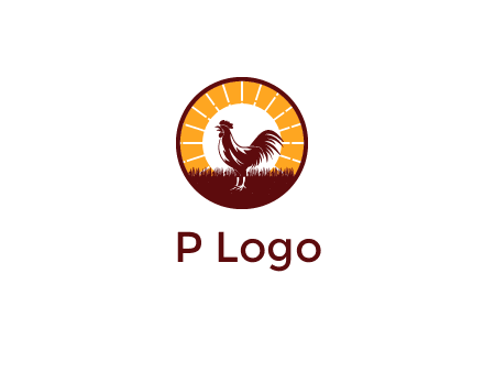 rooster standing in front of the sun logo