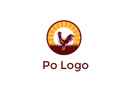 rooster standing in front of the sun logo