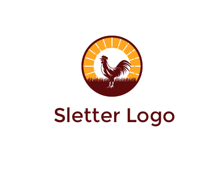 rooster standing in front of the sun logo