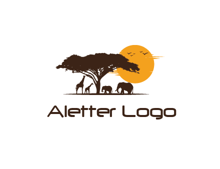 wildlife safari logo with giraffes and elephants standing under a tree in front of sun