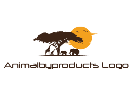 wildlife safari logo with giraffes and elephants standing under a tree in front of sun