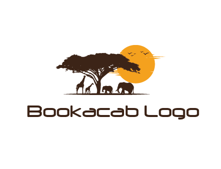 wildlife safari logo with giraffes and elephants standing under a tree in front of sun