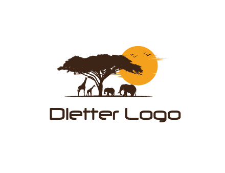 wildlife safari logo with giraffes and elephants standing under a tree in front of sun