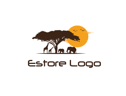 wildlife safari logo with giraffes and elephants standing under a tree in front of sun