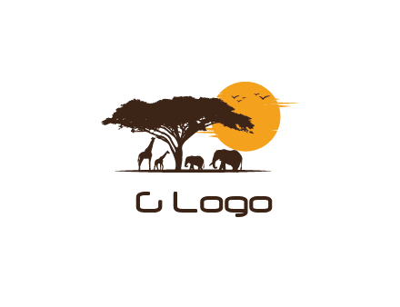 wildlife safari logo with giraffes and elephants standing under a tree in front of sun