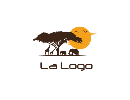 wildlife safari logo with giraffes and elephants standing under a tree in front of sun