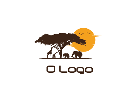 wildlife safari logo with giraffes and elephants standing under a tree in front of sun