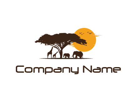 wildlife safari logo with giraffes and elephants standing under a tree in front of sun