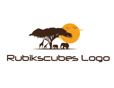 wildlife safari logo with giraffes and elephants standing under a tree in front of sun