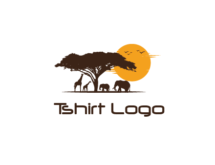 wildlife safari logo with giraffes and elephants standing under a tree in front of sun