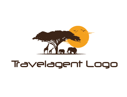 wildlife safari logo with giraffes and elephants standing under a tree in front of sun