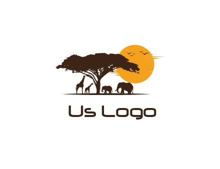 wildlife safari logo with giraffes and elephants standing under a tree in front of sun