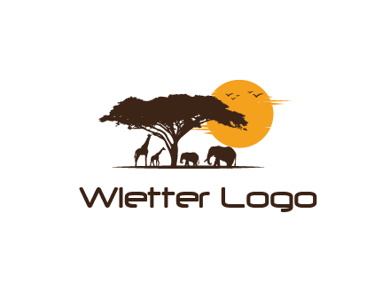 wildlife safari logo with giraffes and elephants standing under a tree in front of sun