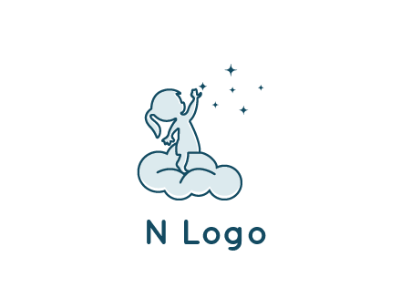 little girl sitting on cloud playing with stars