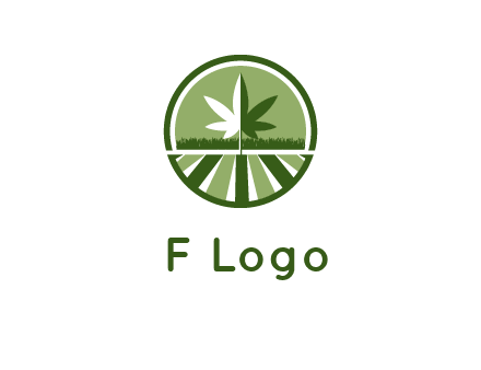 two tone marijuana leaf in circle with grass and field 