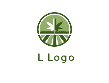 two tone marijuana leaf in circle with grass and field 