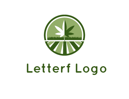 two tone marijuana leaf in circle with grass and field 