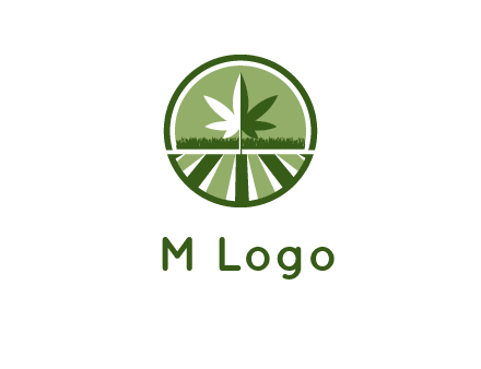 two tone marijuana leaf in circle with grass and field 