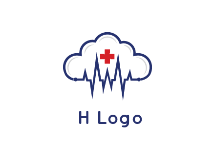 line art cloud with heart beat line and first aid sign