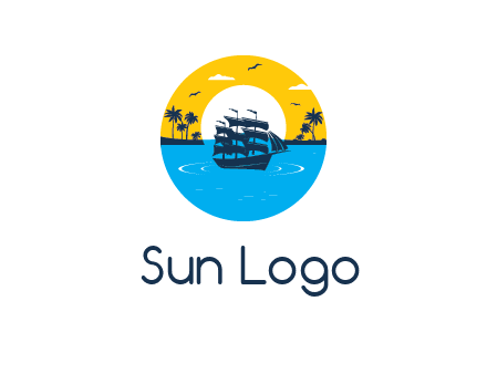 sun and palm trees behind ship in circle