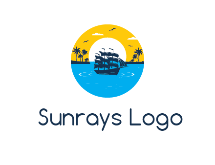 sun and palm trees behind ship in circle