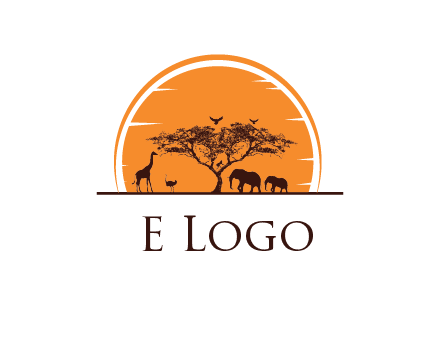 sun behind elephants and giraffe with tree